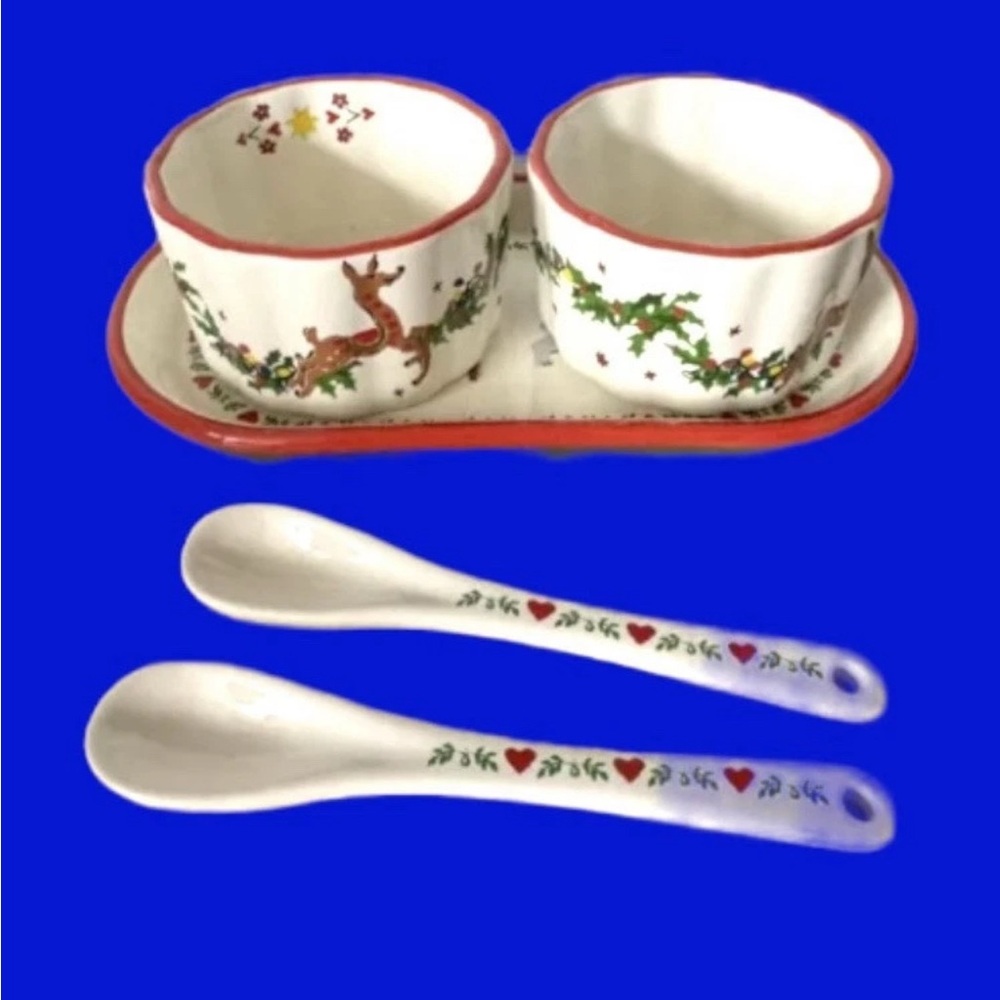 Cath Kidston London Christmas Ceramic Condiment Pot Set,Tray & Spoons New in Box
